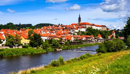 Idyllic European Townscape with River, Orange Roofs, and Lush Greenery during Daytime