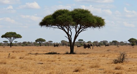 Obraz premium Savanna Landscape: Capturing the wild, vastness and the spirit of the African savanna, under a beautiful cloudy sky. 