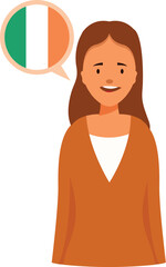 Portrait of a smiling woman speaking irish, with the irish flag inside a speech bubble