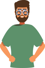 Bearded man undergoing an eye exam, wearing a trial frame for vision testing