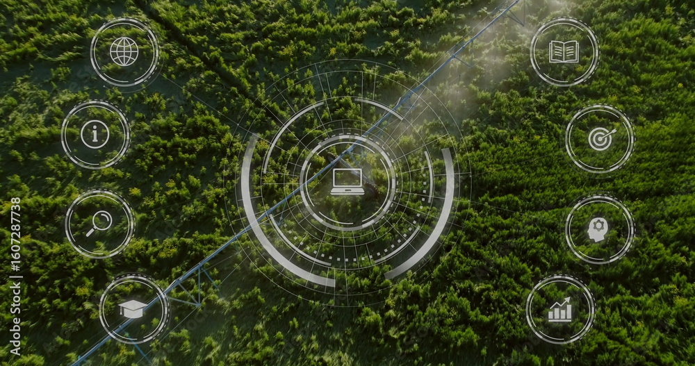 Poster overlaying concentric circles and laptop icon on forest canopy with pipeline track and icon buttons