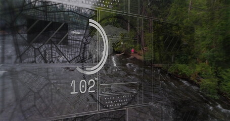 Standing woman in pink jacket scanning HUD overlay on forest riverbank, with readouts, copy space