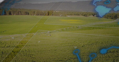 Pivot irrigation system watering crop rows in farmland with white overlay blue nodes and mountains