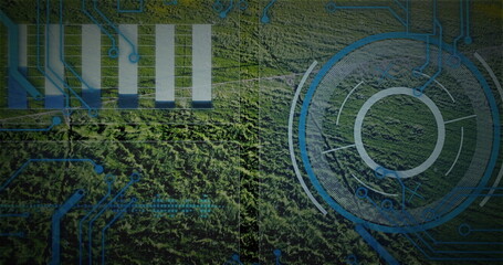 Displaying circular HUD element monitoring forest canopy, with circuits and bar chart, copy space