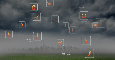Overlaying translucent squares with orange energy icons, numbers over grass, foggy city skyline