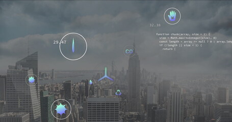 Projecting circular data readouts over dense metro skyline under cloudy sky, with central tower