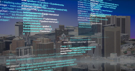 Streaming translucent code lines flowing over city skyline from rooftop, with glass tower tops