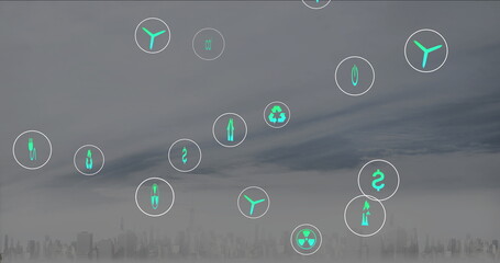 Floating teal-and-white circular icons drifting above city skyline, with energy and finance symbols