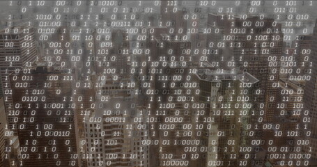 Revealing hazy city skyline through high-level window, with binary digit overlay on glass pane
