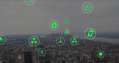 Floating green white wind turbine icon hovering over urban skyline from above, environmental theme