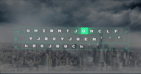 Floating translucent virtual keyboard overlay hovering over cityscape, with striped green key