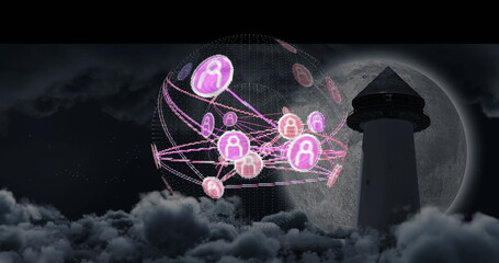 Naklejka premium Floating pink icon globe with links above coastal clouds at night under full moon, with lighthouse