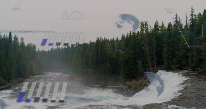 Fototapeta Plunging waterfall producing whitewater and mist in dense evergreen river valley, copy space