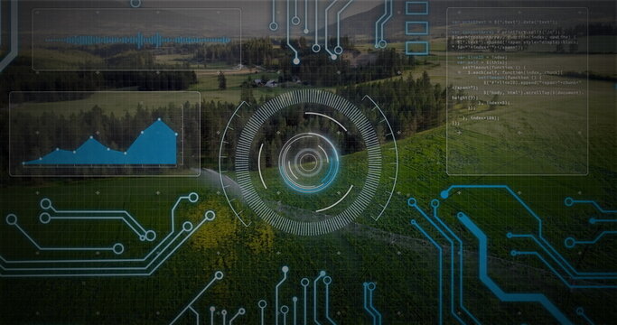 Fototapeta Floating digital reticle in rural hills, with HUD: circuit lines, waveform, area chart, code panel