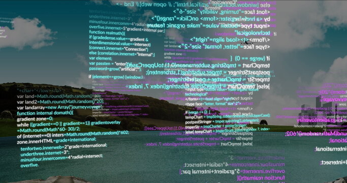 Fototapeta Hovering semi-transparent computer code above lakeside view, with rocky shore and grassy banks