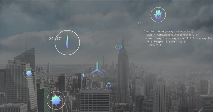 Fototapeta Projecting circular data readouts over dense metro skyline under cloudy sky, with central tower