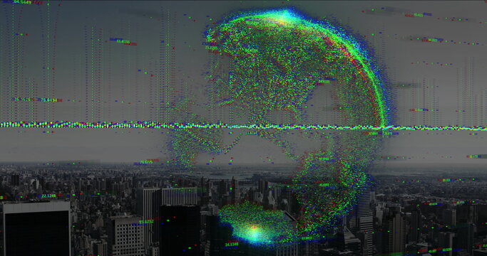 Displaying pixelated globe hovering above urban high rise buildings, showing static noise, code - Powered by Adobe