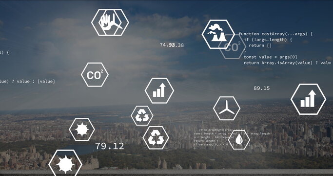 Displaying data icons hovering over urban skyline, with recycling and CO2 readouts