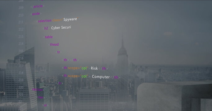Displaying colored HTML code overlay on rooftop terrace, stone railing and skyscrapers, copy space - Powered by Adobe