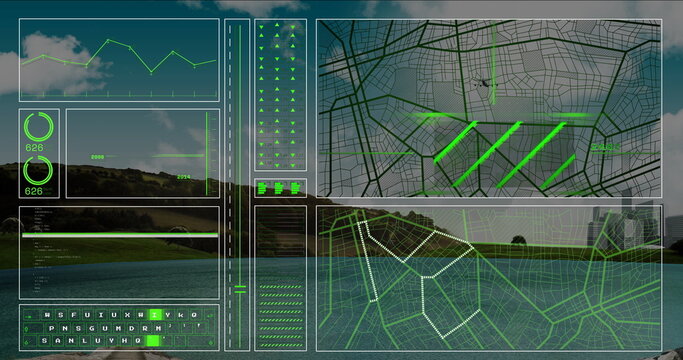 Floating green data interface showing line graph and dials at lakeside, with keyboard and map grids - Powered by Adobe