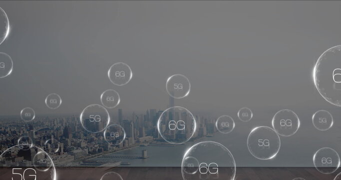 Floating large translucent sphere labeled 6G above platform at waterfront skyline, with 5G theme