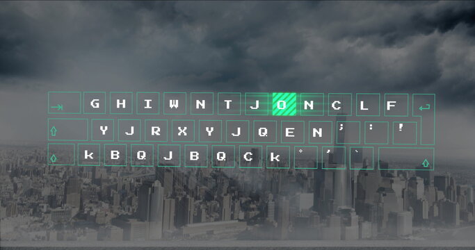 Floating translucent virtual keyboard overlay hovering over cityscape, with striped green key - Powered by Adobe