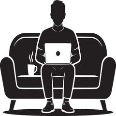 Man working from home on laptop sitting on couch with coffee vector illustration design