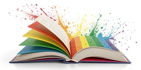 Colorful Book Explosion Open book with rainbow pages and paint splash effect, education , creativity
