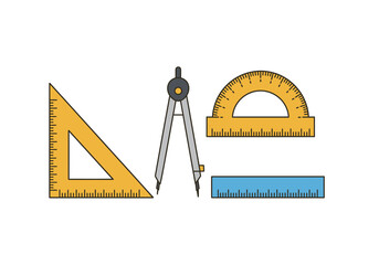 Essential geometric and drawing tools including a compass, protractor, set square, and ruler on a white background.