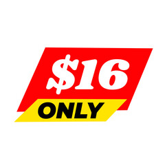 $16 only png, red colour price tag, simple offer tab, product rate symbol
