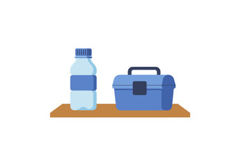 A flat vector illustration of a blue toolbox and a plastic water bottle sitting together on a simple wooden shelf.