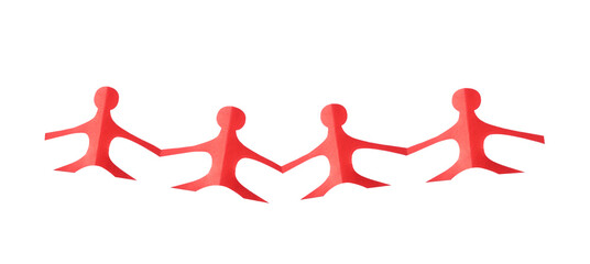 Paper figures of people holding hands isolated on white, top view