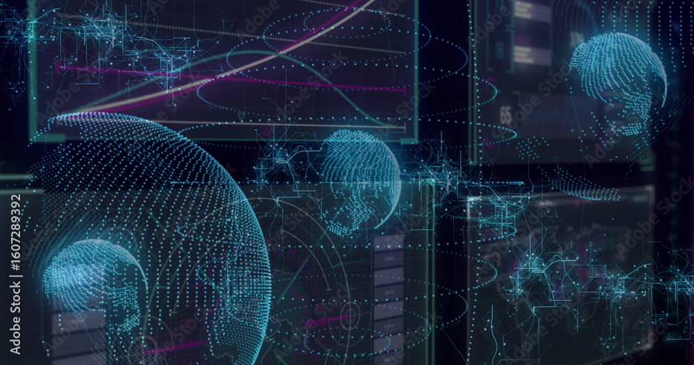 Poster displaying large 3d globe floating in tech interface, orbiting rings and connectors, copy space