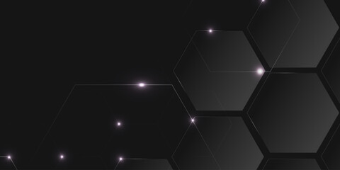 Black abstract background geometric shape. Modern simple overlay hexagon pattern template element. Luxury style. Suit for banner, booklet, cover, flyer, website, corporate, brochure