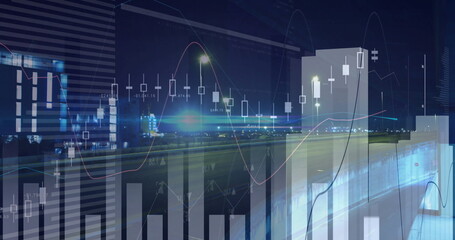 Overlaying financial charts floating across airport runway at night, with runway lights