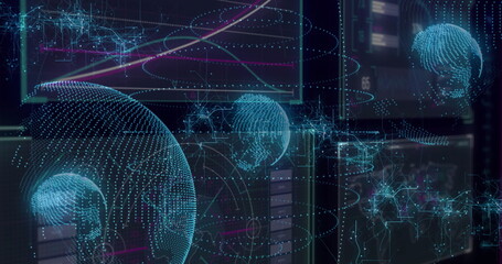 Displaying large 3D globe floating in tech interface, orbiting rings and connectors, copy space