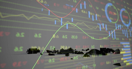 Displaying black rock fragments on reflective floor in digital scene, with financial chart overlay