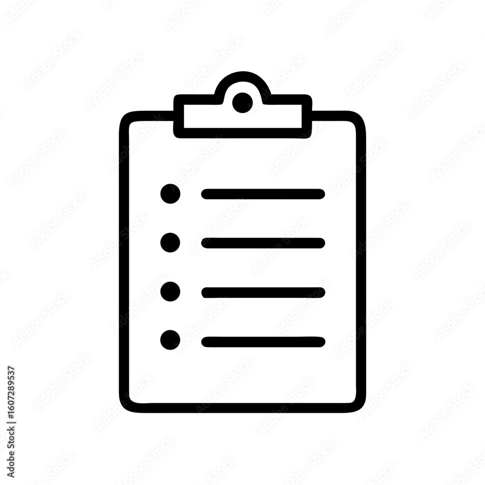 Poster a simple black and white line drawing of a clipboard with a list of items and bullet points on it