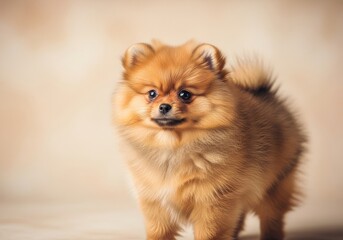 Obraz premium Adorable Pomeranian Puppy Portrait - A charming fluffy Pomeranian puppy stands against a beige background, its soft fur and expressive eyes captivating the viewer