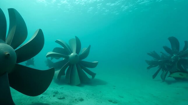 Tidal Turbine Blades Spinning Underwater with Silhouettes of Marine Life in Clear Turquoise Ocean