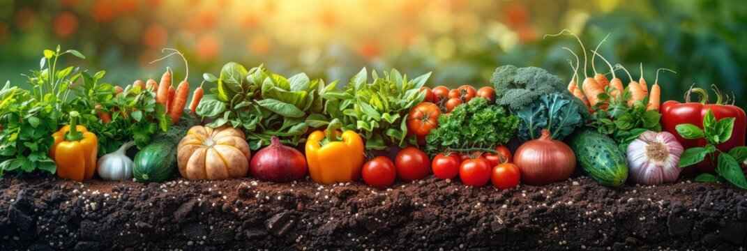 Harvest vegetables on the ground. Potatoes, carrots, beets, peppers, tomatoes, cucumbers, beans, pumpkin, onions and garlic. Autumn harvest farmers
