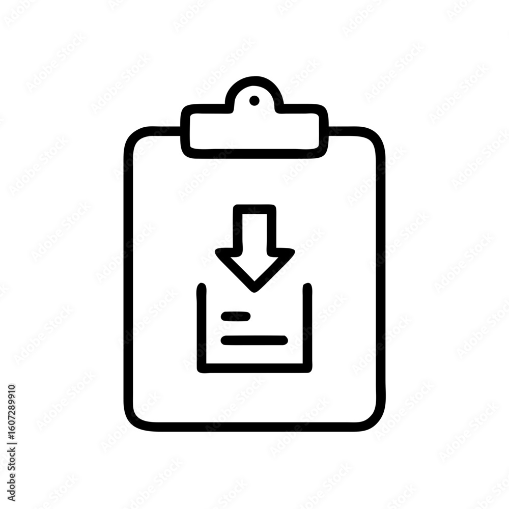 Poster clipboard with arrow pointing down into a box icon representing download or data import process symb
