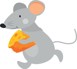 Adorable cartoon mouse running with a big wedge of cheese, perfect for children's illustrations or any project needing a touch of whimsy