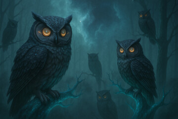 high-resolution photorealistic cosmic owls with Saturn-like eyes perched on glowing alien trees