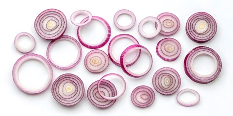 Close up of sliced red onions arranged on a white surface showing their circular ring patterns clearly
