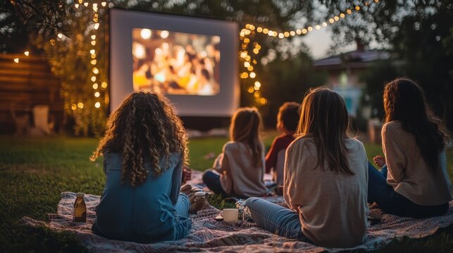 A group of friends enjoys an outdoor movie night in a cozy backyard. They sit on a blanket, watching a film on a projector screen, surrounded by warm string lights creating a magical atmosphere