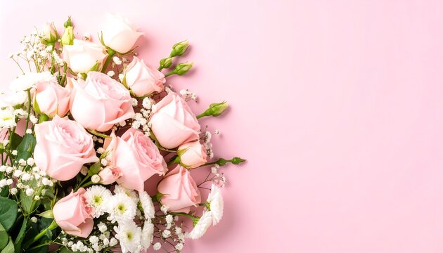 Romantic floral arrangement of pink roses on a pastel background with copy space for a heartfelt message.