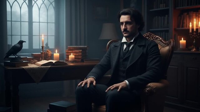 Edgar Allan Poe Inspired Scene Man Sitting in Library with Raven and Candles Gothic Horror Aesthetic