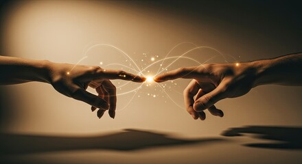 Digital connection illustrated by fingertips touching with glowing energy