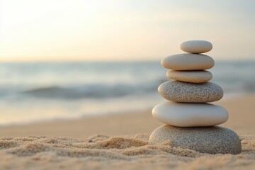 Fototapeta premium A minimalist composition of smooth, stacked Zen stones in perfect balance on a sandy beach. The soft glow of sunset over the ocean in the background creates a serene and peaceful scene